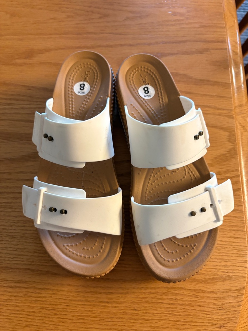 CROCS White Double-Strap Slide Sandals with Tan Footbed Brooklyn size 8